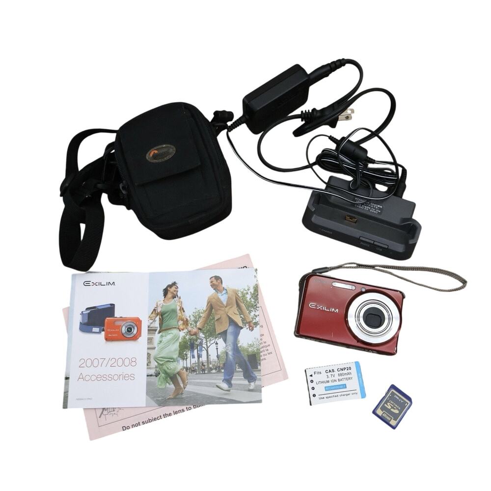 Vintage Casio Exilim EX-S880 Red Point and Shoot Digital Camera Bundle WORKS